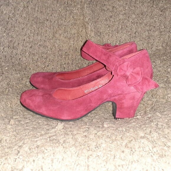 DJANGO & JULIETTE-Splendid-RETRO-Dark Fuschia Suede Mary Jane Bow Heels-Sz 37-NM - Picture 2 of 7